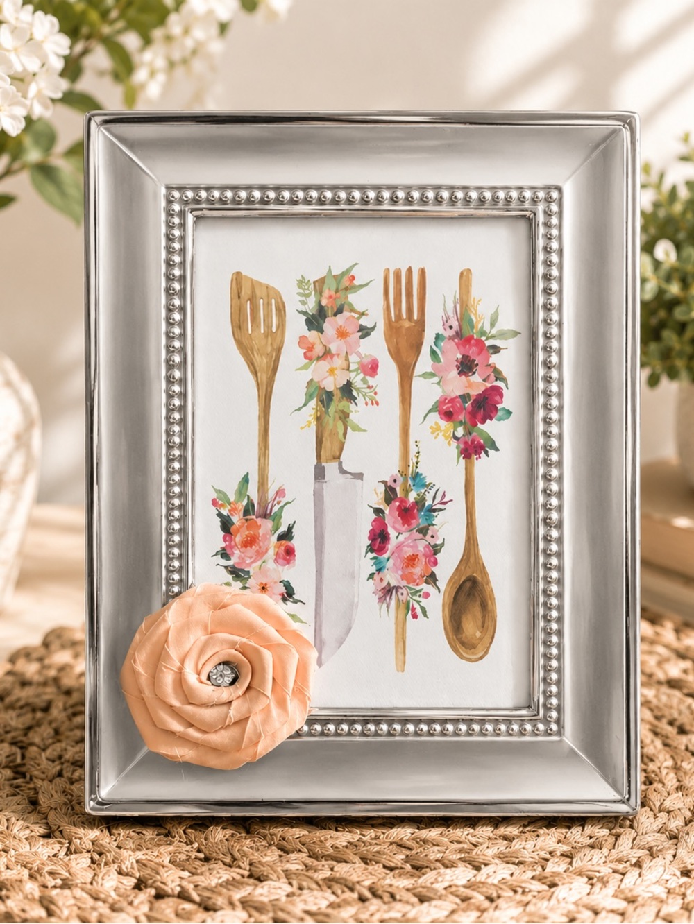 New Watercolor Kitchen Utensils Canvas Print in Silver Metal Frame